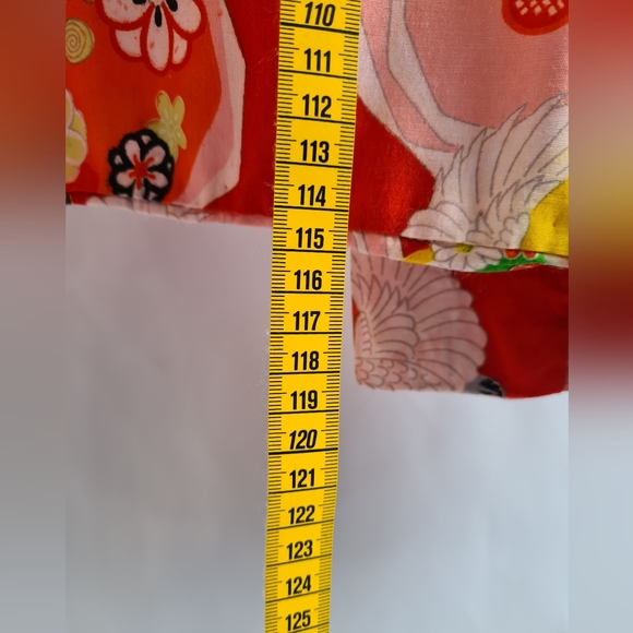 Vintage red japanese kimono, floral crane print, red pink green, handmade - Picture 13 of 14